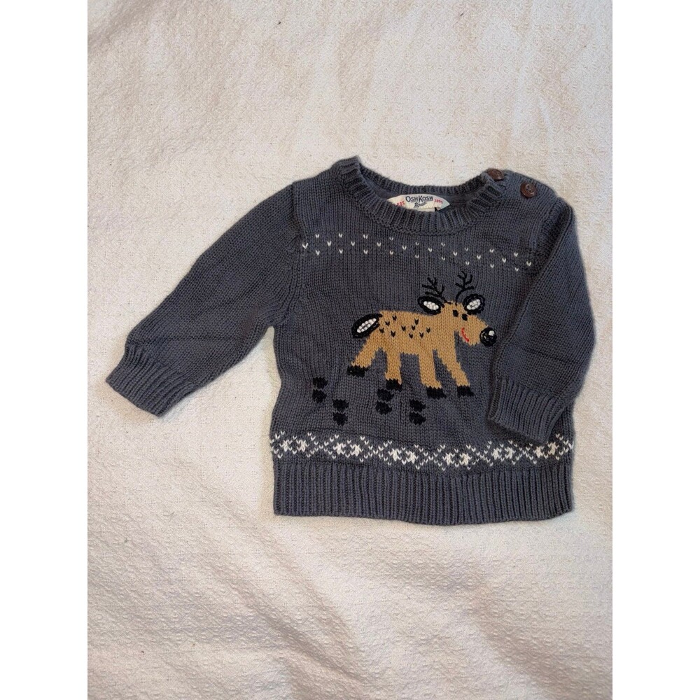 VINTAGE OshKosh B’gosh Baby Sweater 6M Reindeer Knit Gray